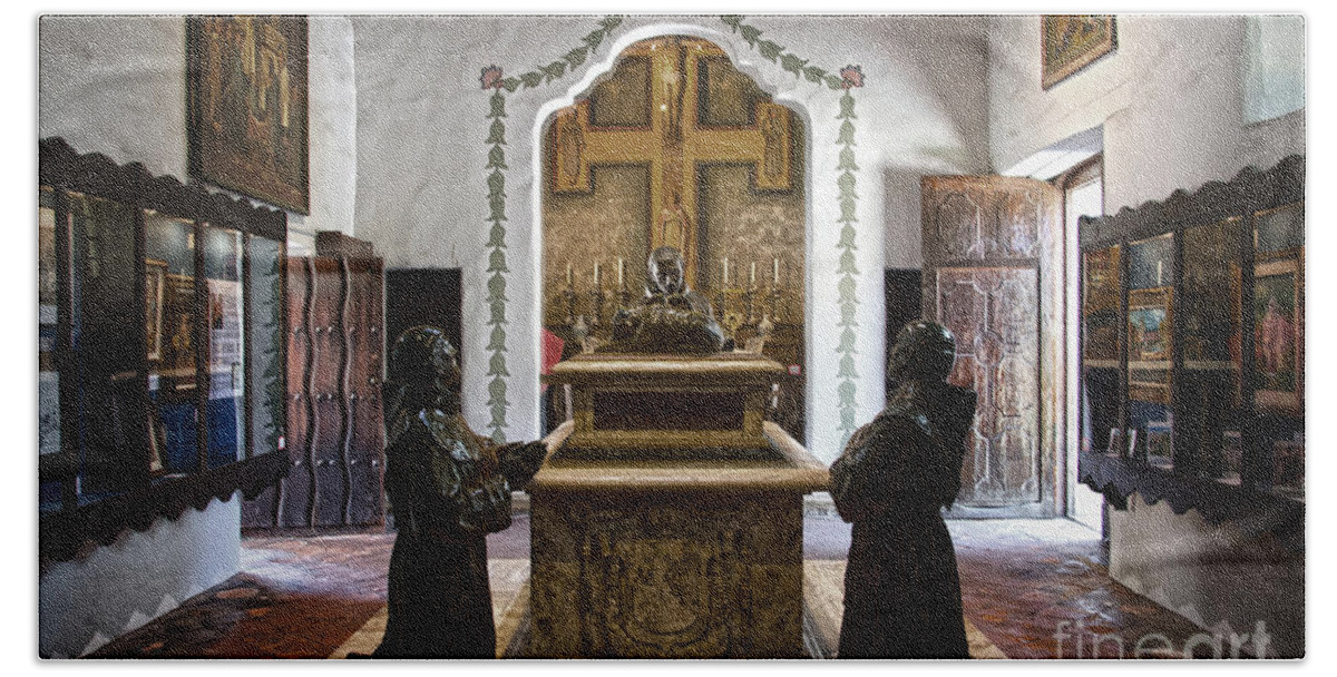 Junipero Serra Hand Towel featuring the photograph The Serra Cenotaph in Carmel Mission by RicardMN Photography