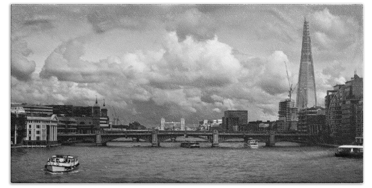 The Shard Bath Towel featuring the photograph The Shard and Thames view black and white version by Gary Eason
