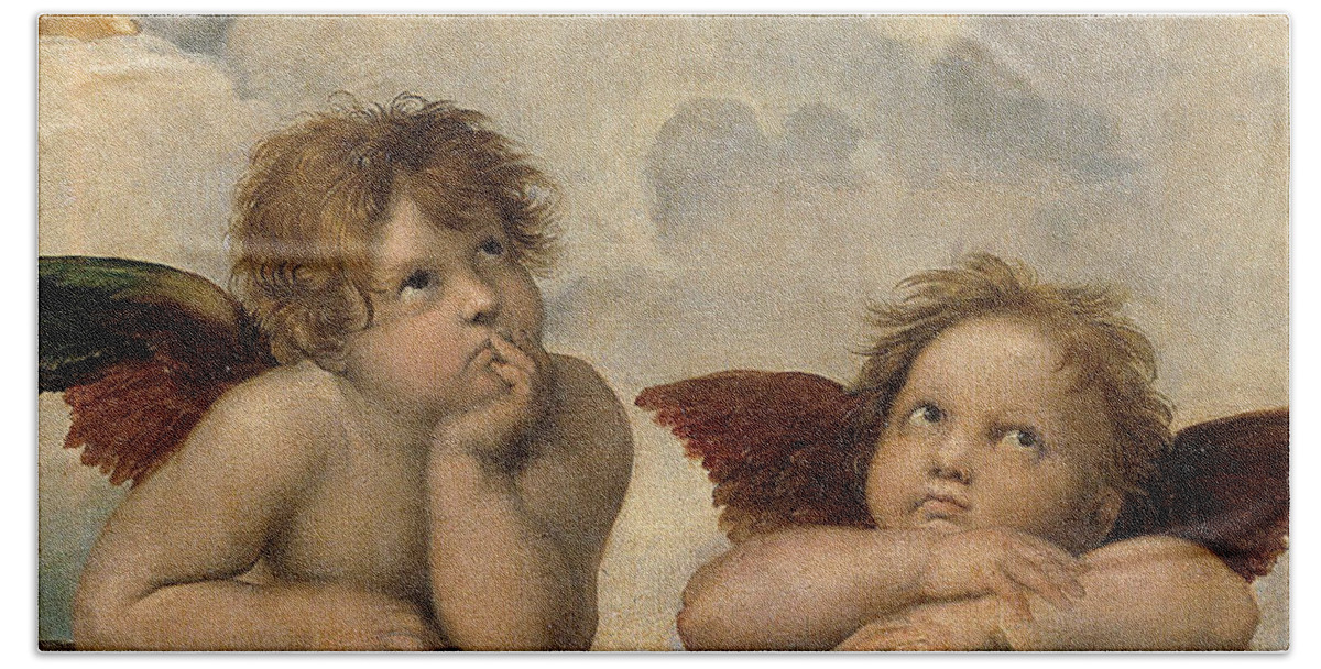 The Sistine Madonna Hand Towel featuring the painting The Sistine Madonna. Detail by Raphael