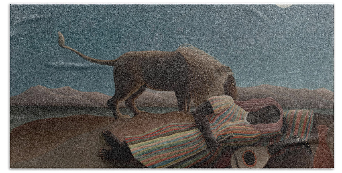 Henri Rousseau Bath Towel featuring the painting The Sleeping Gypsy by Henri Rousseau