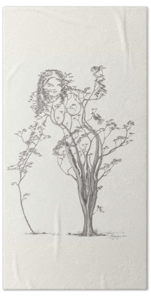 Tree Dancer Bath Towel featuring the drawing The Small Singer by Mark Johnson