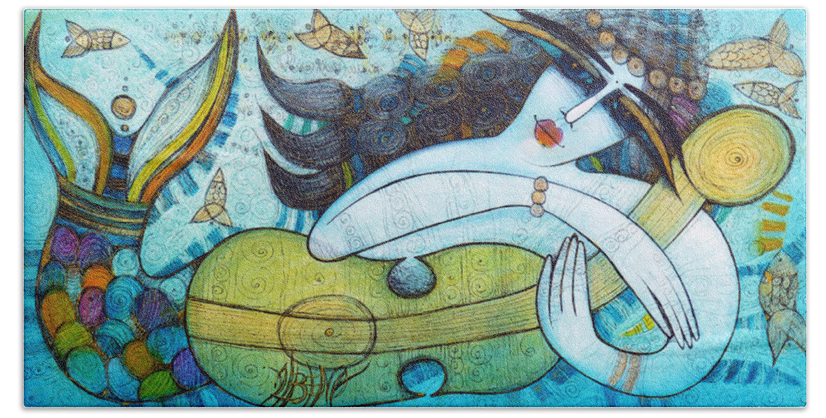 Albena Hand Towel featuring the painting The Song Of The Mermaid by Albena Vatcheva
