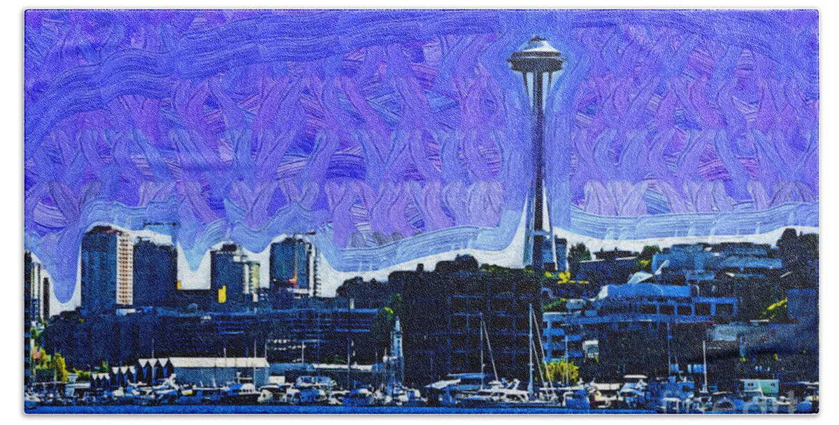 Space-needle Bath Towel featuring the digital art The Space Needle From Lake Union by Kirt Tisdale