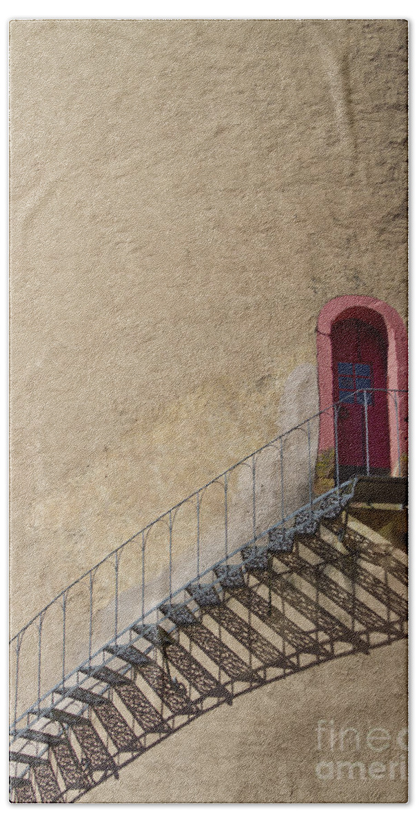 Castle Bath Towel featuring the photograph The Staircase to the Red Door by Heiko Koehrer-Wagner