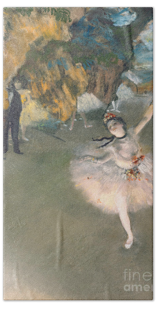 Prima Ballerina; Tutu; Dancing; Elegant; Ballet; Dancer; Dance; Impressionist Hand Towel featuring the painting The Star or Dancer on the stage by Edgar Degas