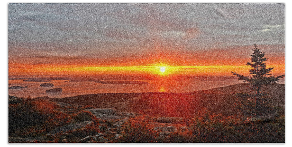 Mount Desert Island Bath Towel featuring the photograph The sunrise from Cadillac Mountain in Acadia National Park by Toby McGuire