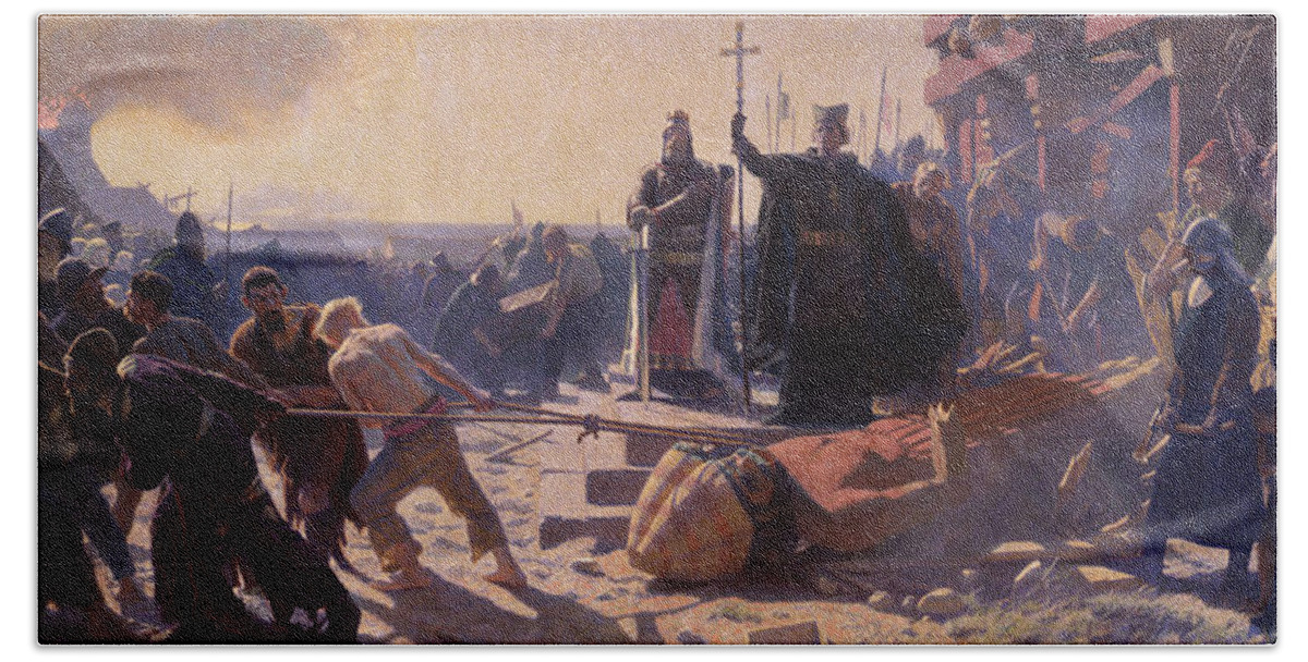Laurits Tuxen Bath Towel featuring the painting The Taking of Arkona in 1169. King Valdemar and Bishop Absalon by Laurits Tuxen