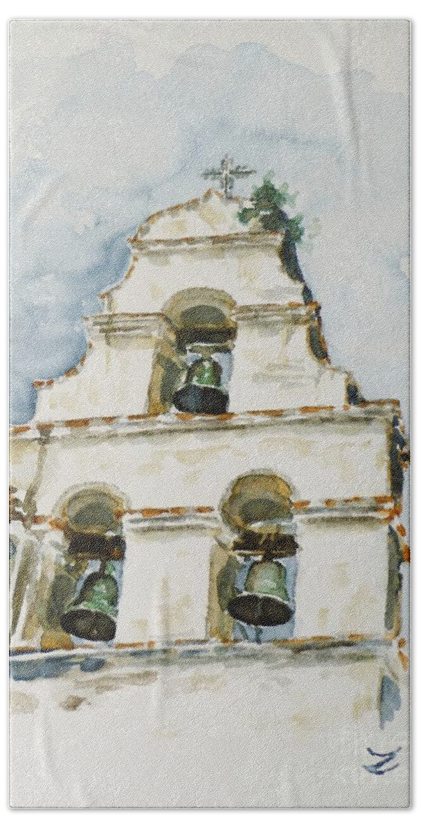 Three-bell Campanario Bath Towel featuring the painting The Three-bell Campanario at Mission San Juan Bautista by Zaira Dzhaubaeva