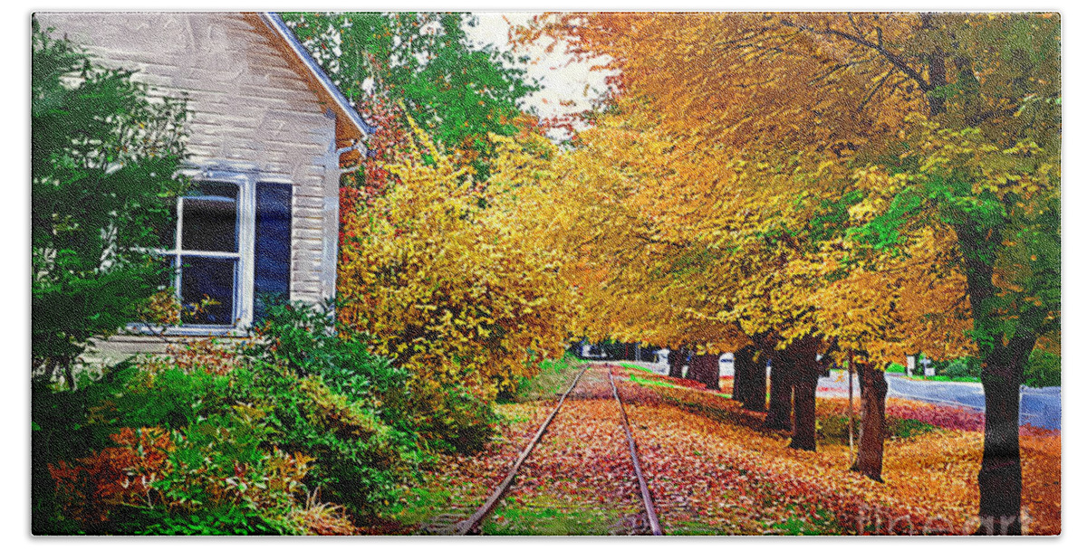 Autumn Foliage Bath Towel featuring the painting The Tracks by Kirt Tisdale