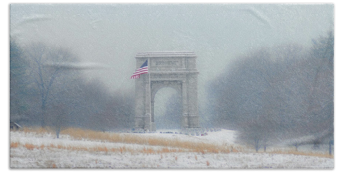 The Hand Towel featuring the photograph The Valley Forge Arch in the Snow by Bill Cannon