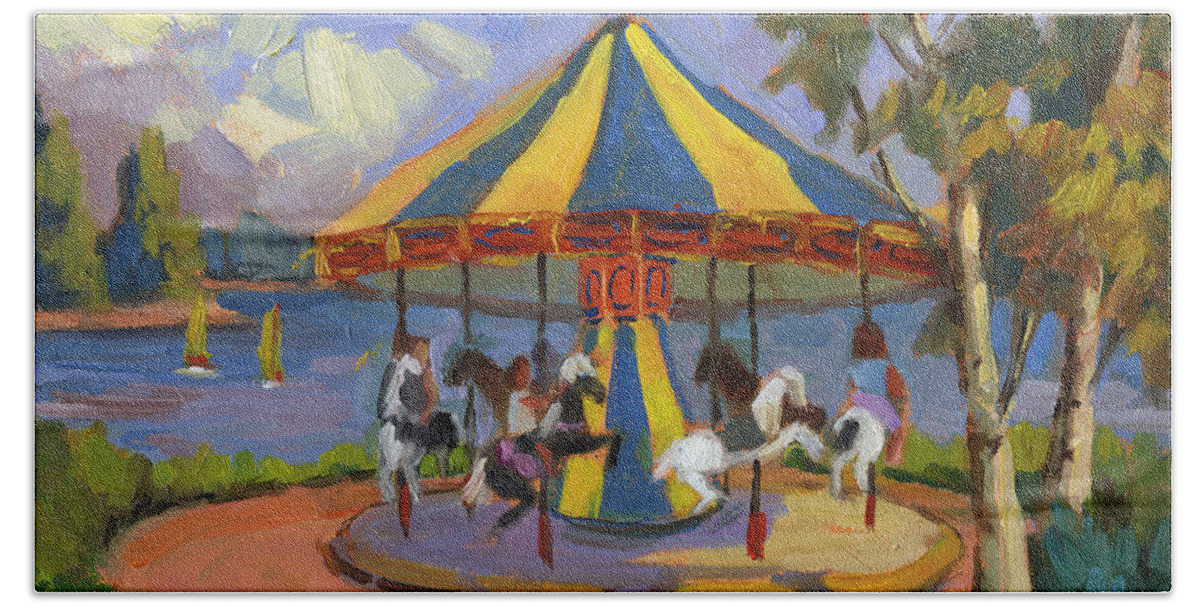Carousel Hand Towel featuring the painting The Village Carousel at Lake Arrowhead by Diane McClary