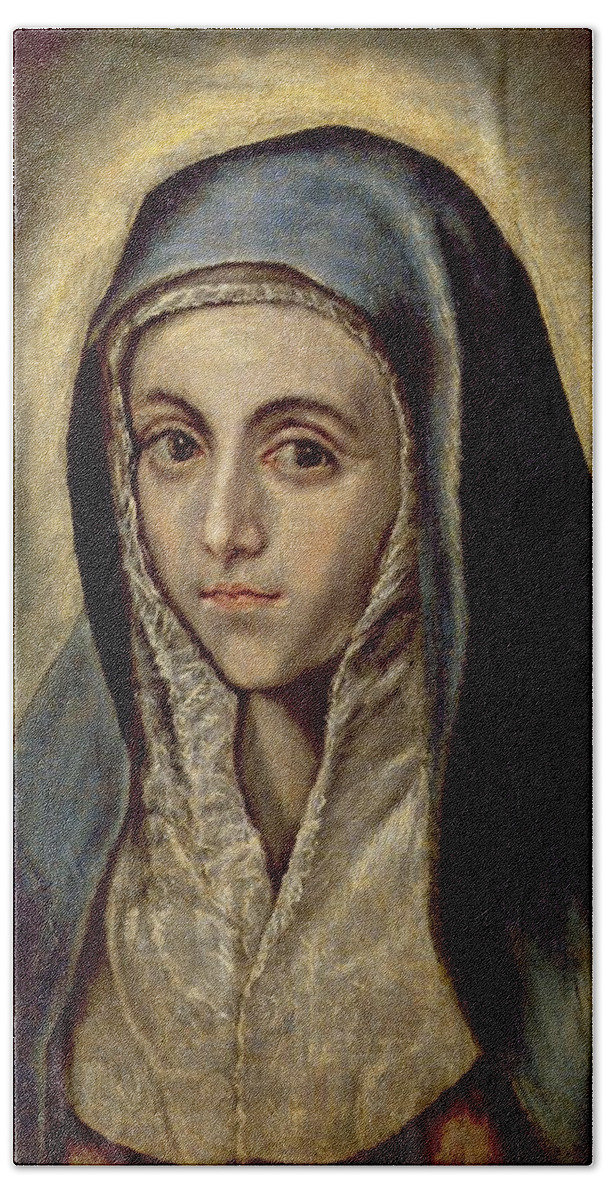 La Vierge Marie; Madonna; Female; Portrait; Veil; Baroque; El Bath Towel featuring the painting The Virgin Mary by El Greco Domenico Theotocopuli
