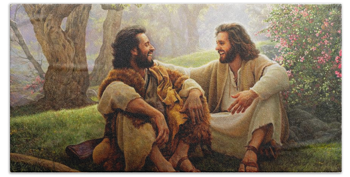 Jesus Bath Sheet featuring the painting The Way of Joy by Greg Olsen