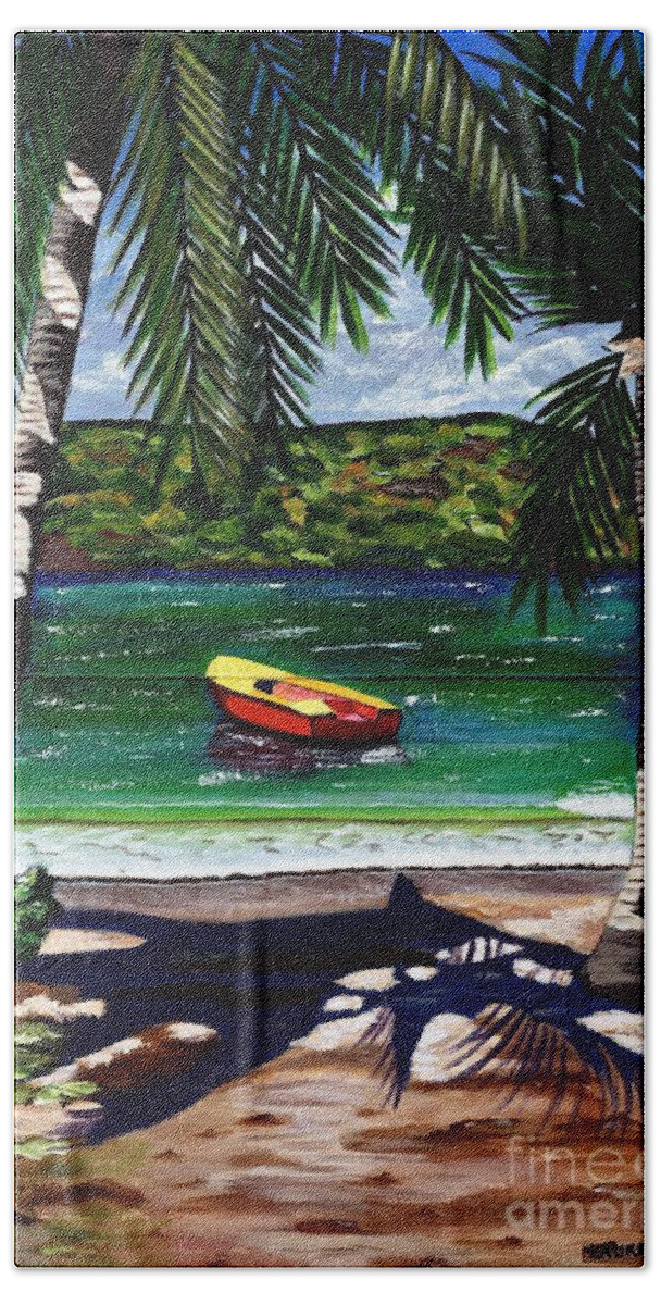 Seascape Bath Towel featuring the painting The Yellow and Red Boat by Laura Forde