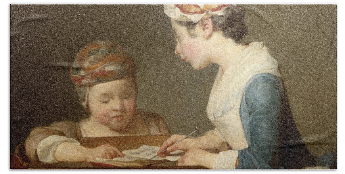 Jean-simeon Chardin Bath Towel featuring the painting The Young Schoolmistress by Jean-Simeon Chardin