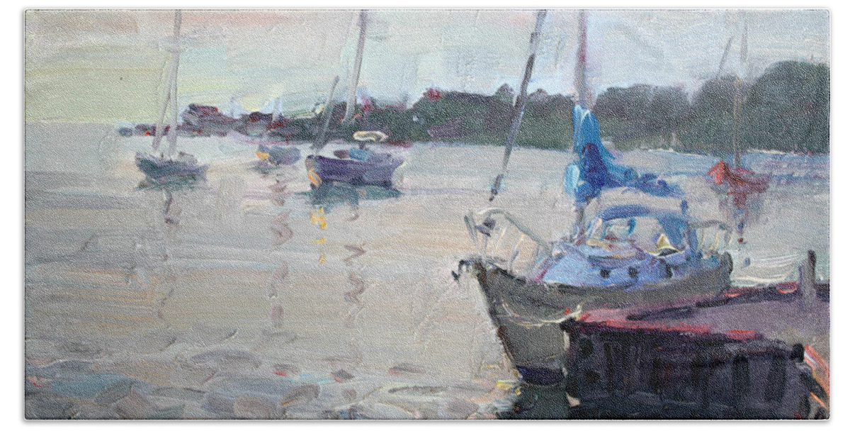 Youngstown Yachts Hand Towel featuring the painting The Youngstown Yachts by Ylli Haruni