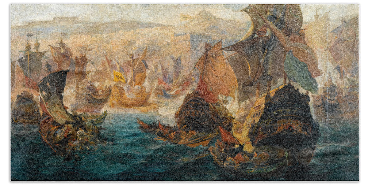 Vasilios Chatzis Bath Towel featuring the painting The Crusader Invasion Of Constantinople by Vasilios Chatzis