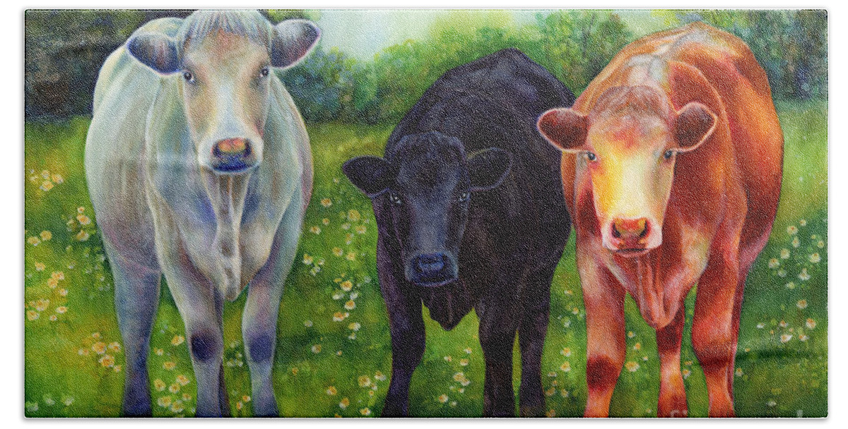 Cows Bath Sheet featuring the painting Three Amigos by Hailey E Herrera