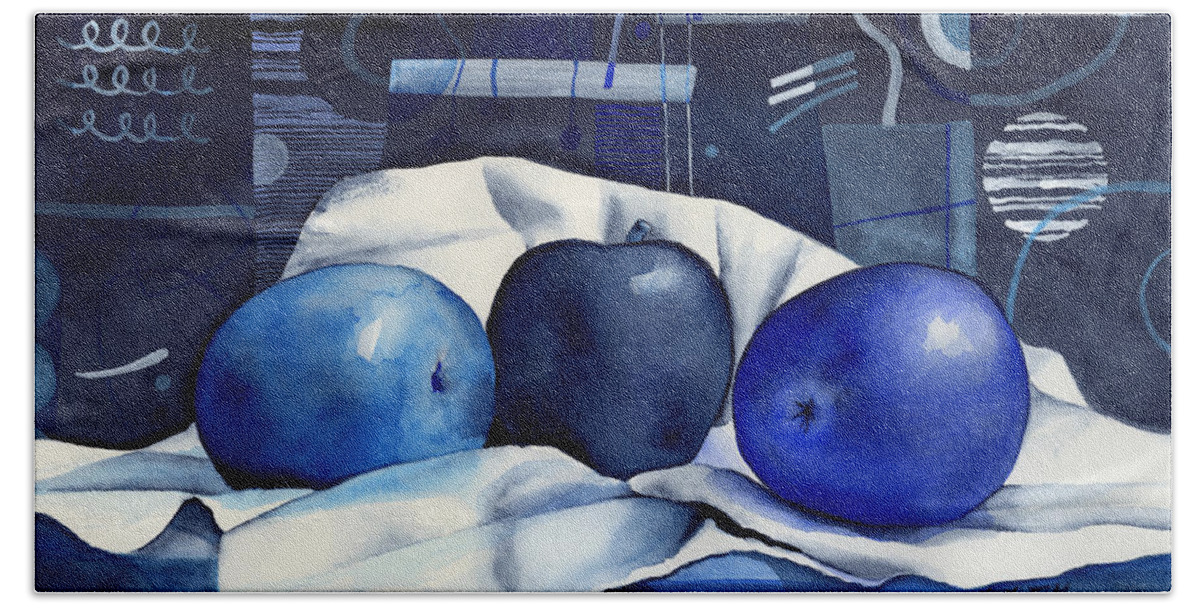Blue Bath Sheet featuring the painting Three Apples by Hailey E Herrera