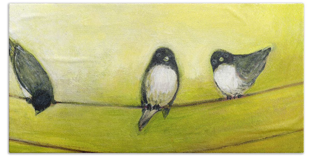 Bird Hand Towel featuring the painting Three Birds on a Wire No 2 by Jennifer Lommers