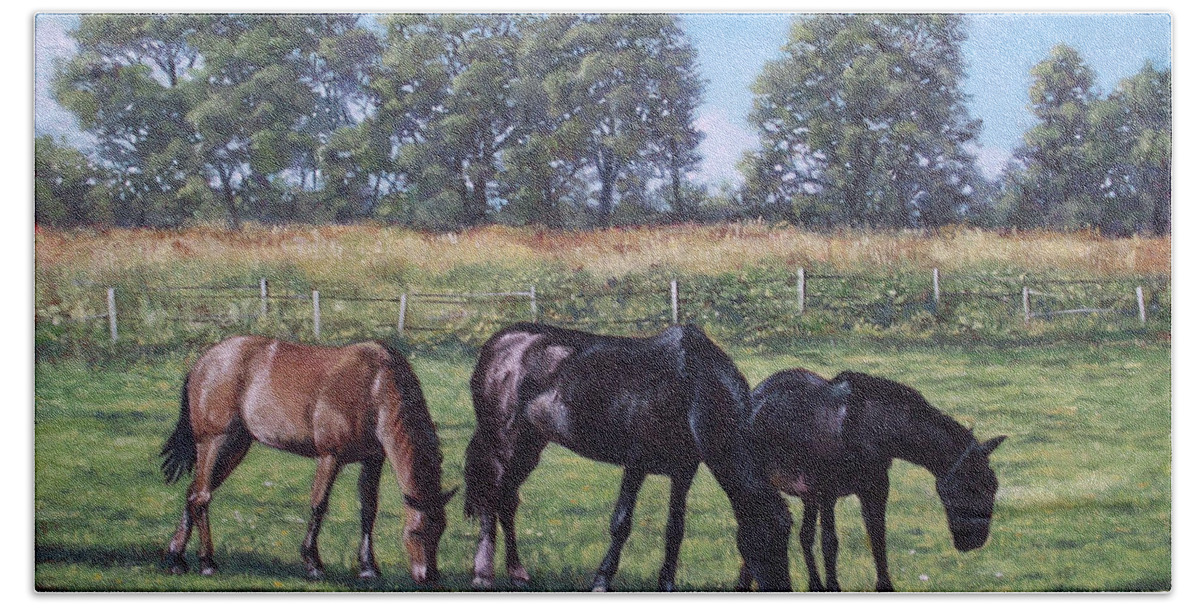 Horse Bath Towel featuring the painting Three horses in field by Martin Davey