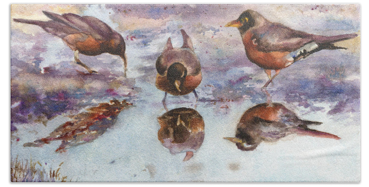Robins Painting Bath Towel featuring the painting Three Thirsty Robins by Anne Gifford