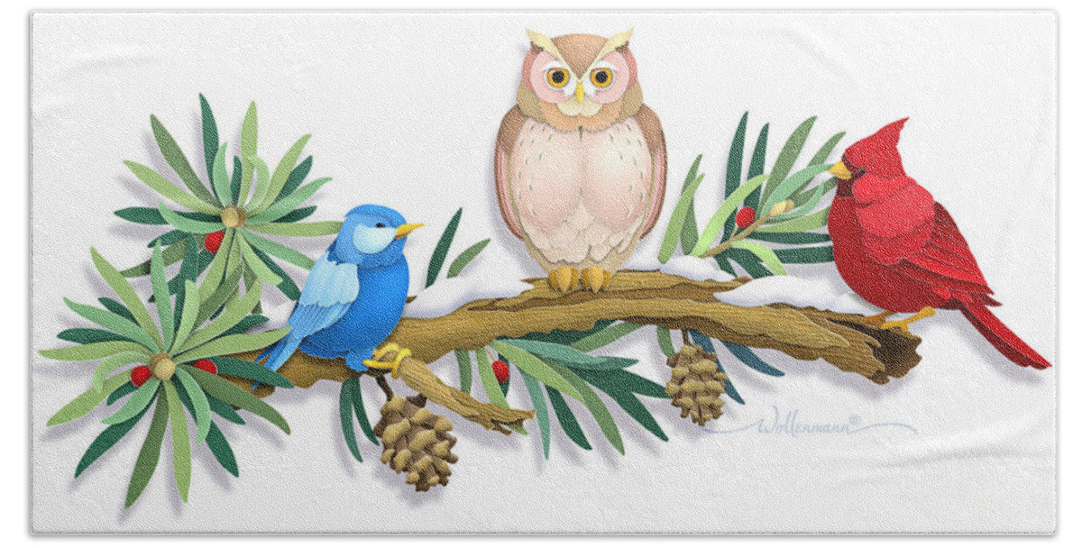 Owl Bath Towel featuring the digital art Three Watchful Friends by Randy Wollenmann