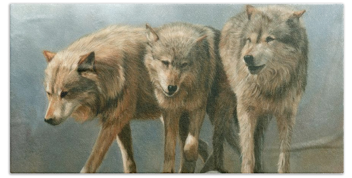 Wolf Hand Towel featuring the painting Three Wolves by David Stribbling