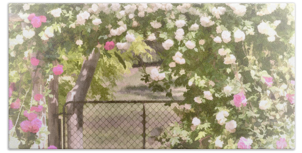 Roses Hand Towel featuring the photograph Through the Rose Arbor by Elaine Teague