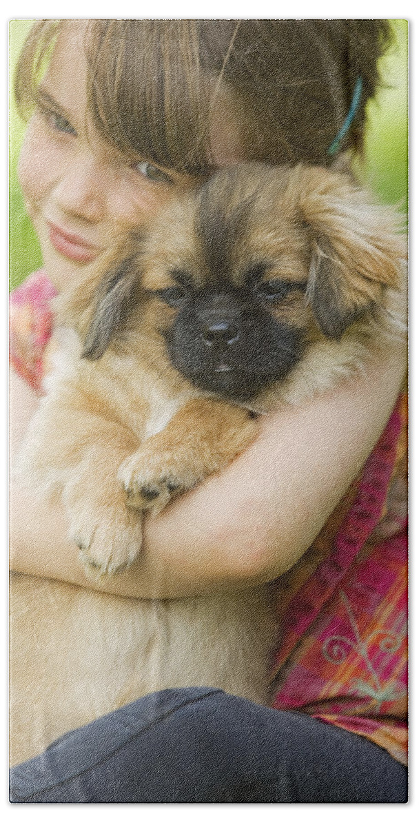 Dog Hand Towel featuring the photograph Tibetan Terrier And Girl by Jean-Michel Labat