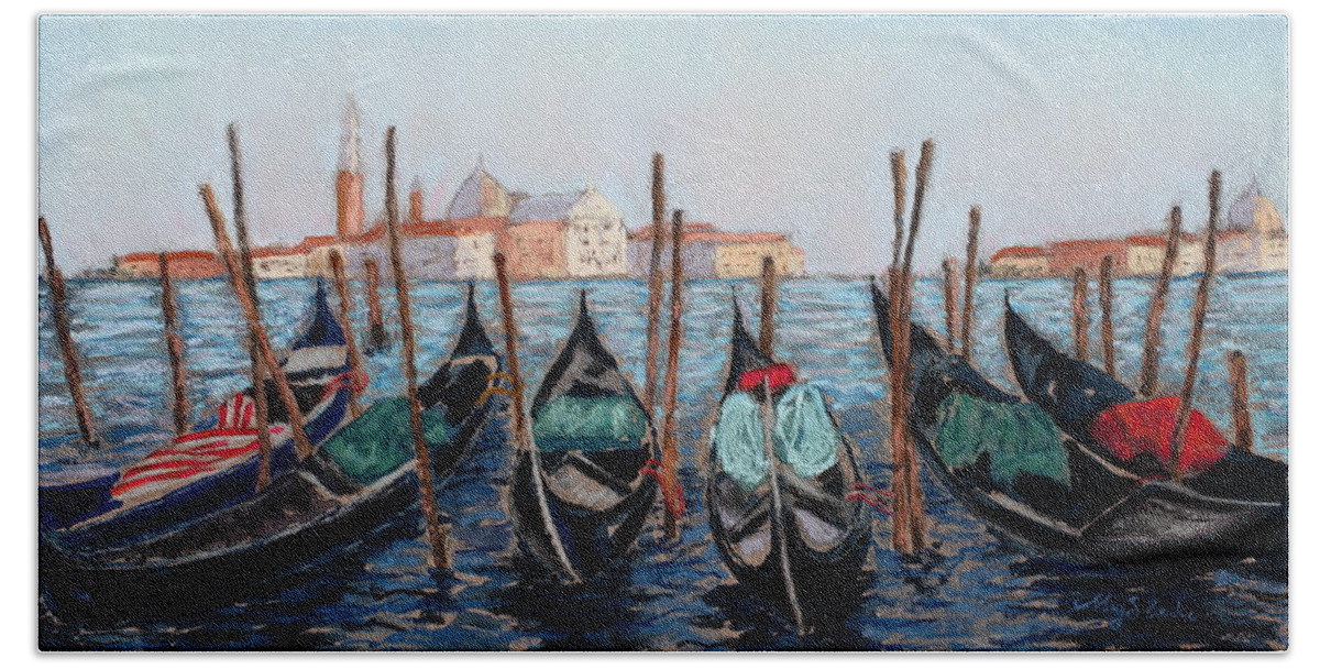 Venice Hand Towel featuring the painting Tied Up in Venice by Mary Benke