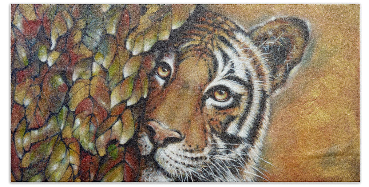 Tiger Hand Towel featuring the painting Tiger 300711 by Selena Boron