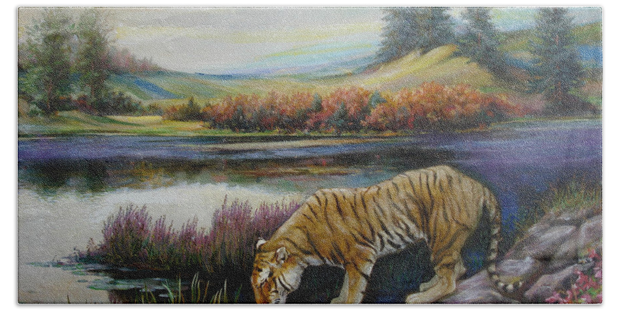 Siberian Tiger Bath Towel featuring the painting Tiger by the river by Svitozar Nenyuk