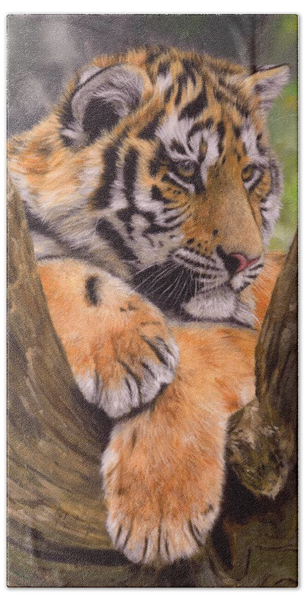Tiger Hand Towel featuring the painting Tiger Cub Painting by David Stribbling