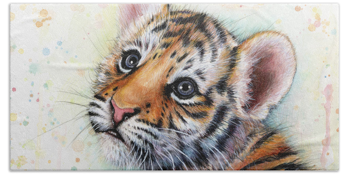 Tiger Hand Towel featuring the painting Tiger Cub Watercolor Art by Olga Shvartsur