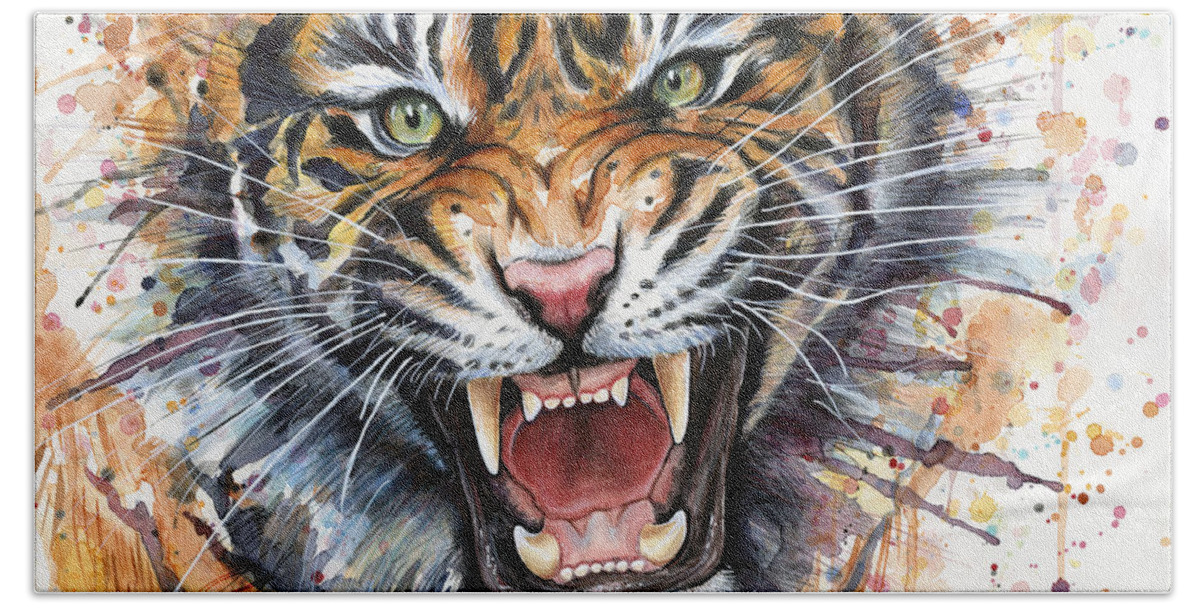 Watercolor Bath Sheet featuring the painting Tiger Watercolor Portrait by Olga Shvartsur