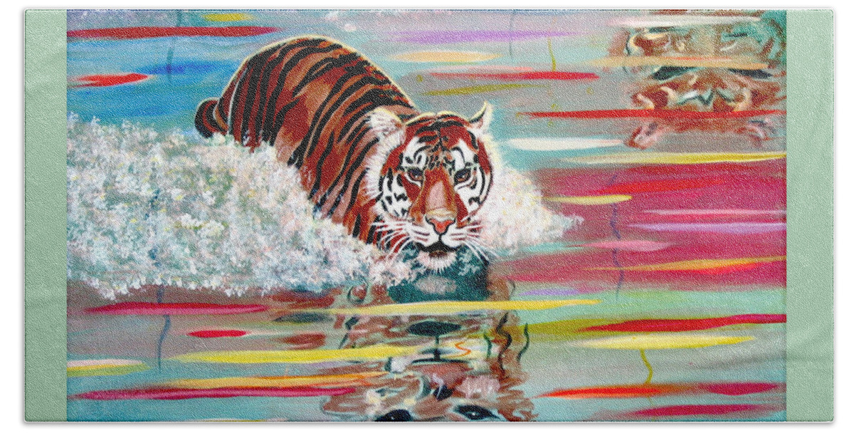 Tiger Bath Sheet featuring the painting Tigers Crossing by Phyllis Kaltenbach