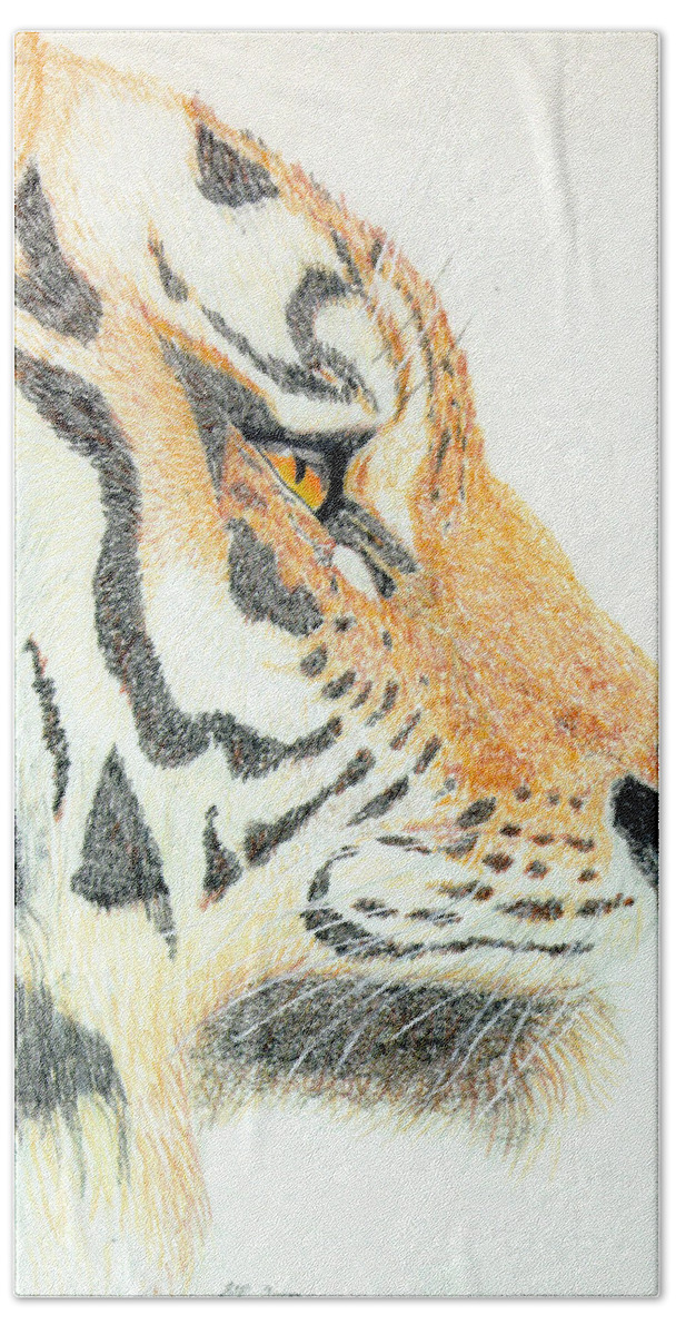 Tiger Bath Towel featuring the drawing Tiger's Head by Stephanie Grant