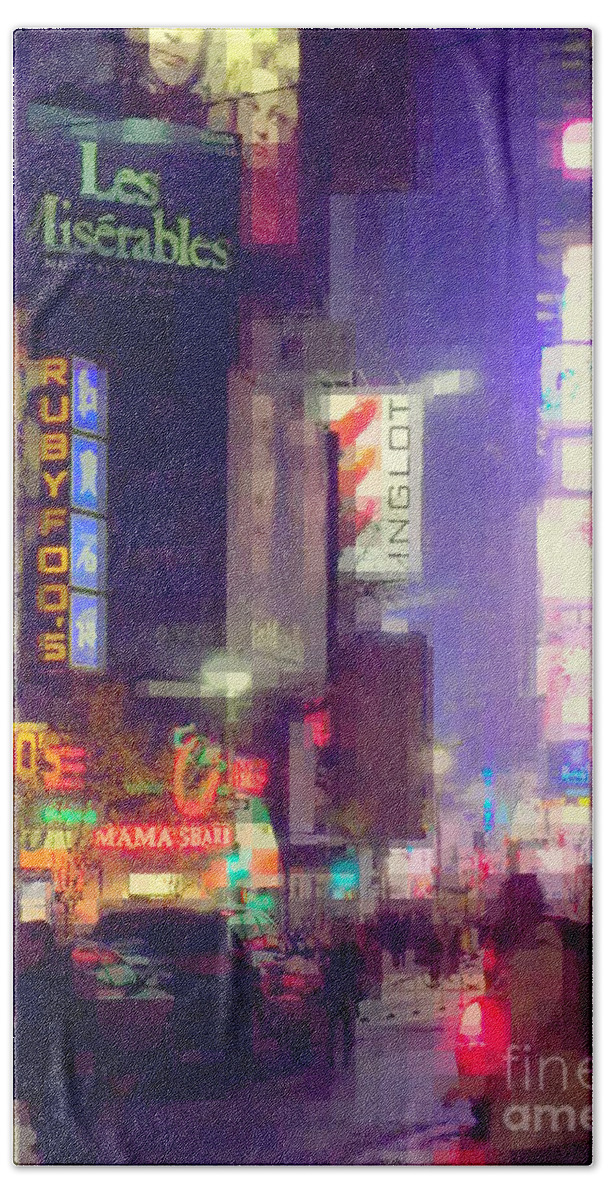 Times Square Hand Towel featuring the photograph Times Square at Night - Columns of Light by Miriam Danar