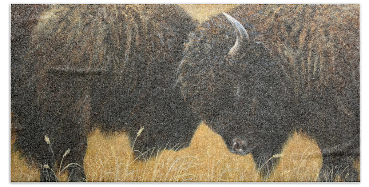 Bison Hand Towel featuring the painting Titans of the Plains by Kim Lockman