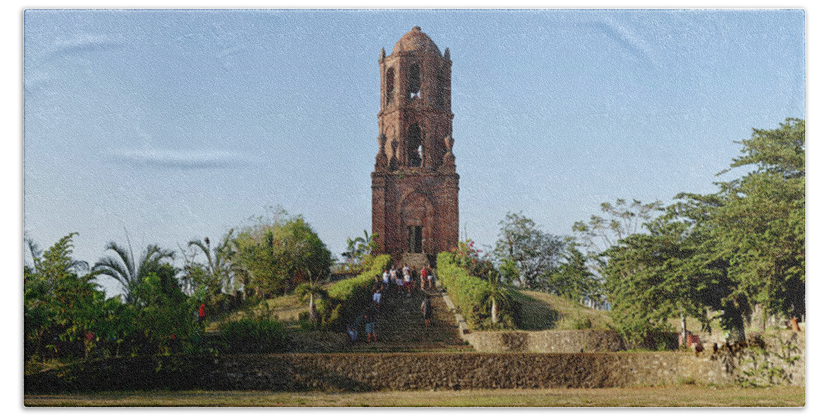 Photography Bath Towel featuring the photograph Tourists At Bantay Church Bell Tower by Panoramic Images
