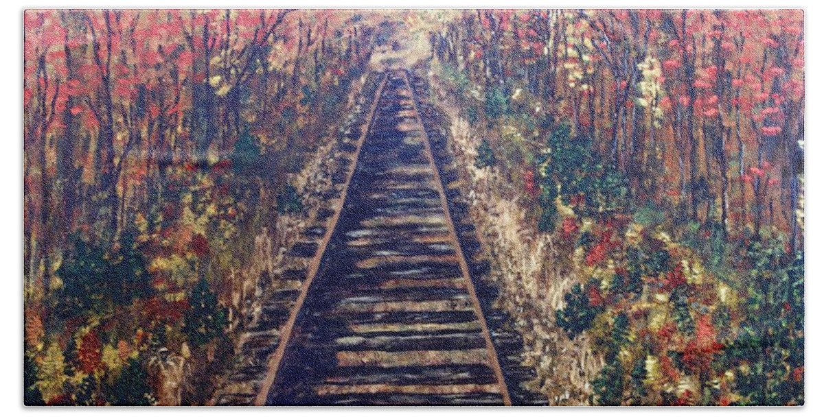 Railroad Tracks Bath Towel featuring the painting Tracks Remembered by Cynthia Morgan
