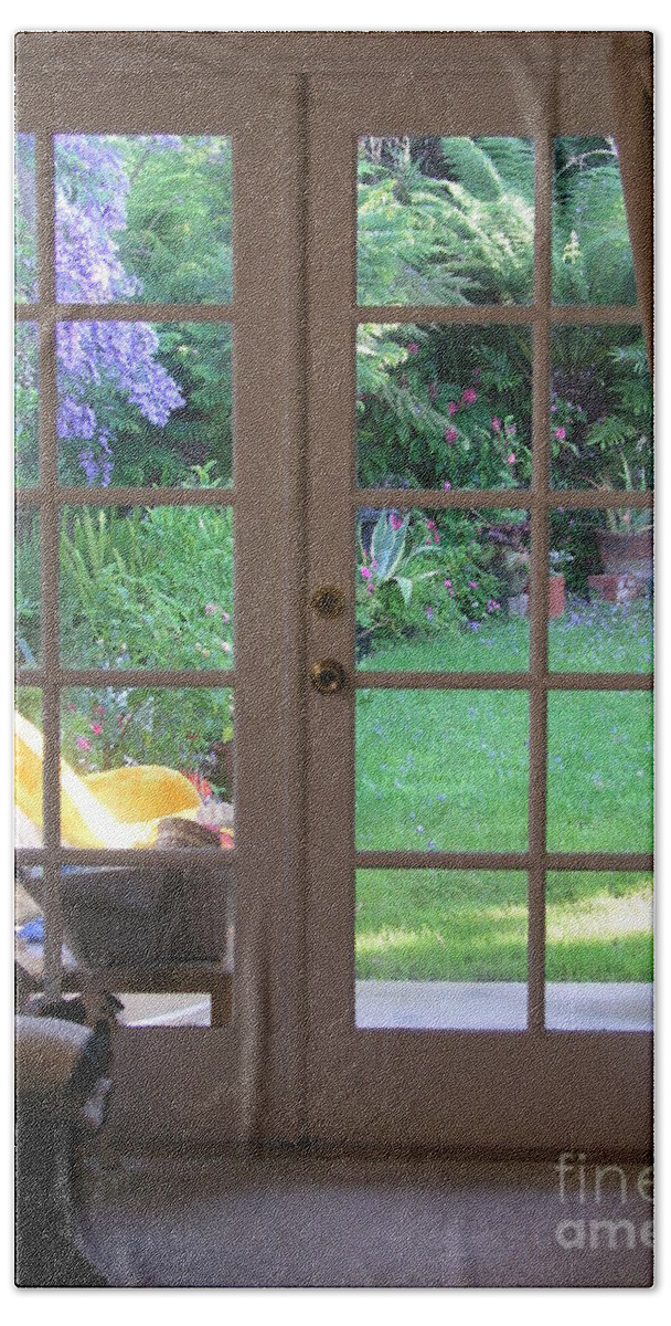 Tranquil Bath Towel featuring the photograph Tranquility through French Doors by Bev Conover