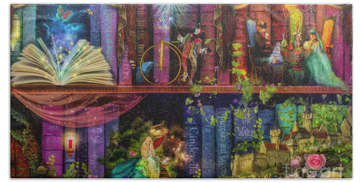 Fairytale Hand Towel featuring the digital art Fairytake Treasure Hunt Book Shelf Variant 4 by MGL Meiklejohn Graphics Licensing