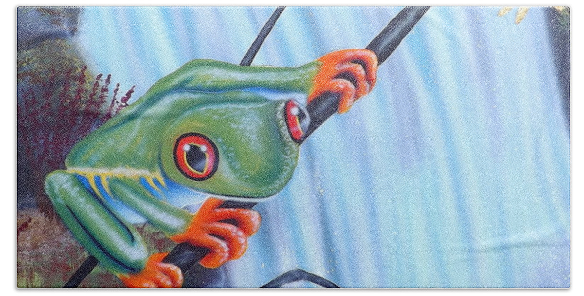Tree Frog Bath Towel featuring the painting Tree Frog by Darren Robinson