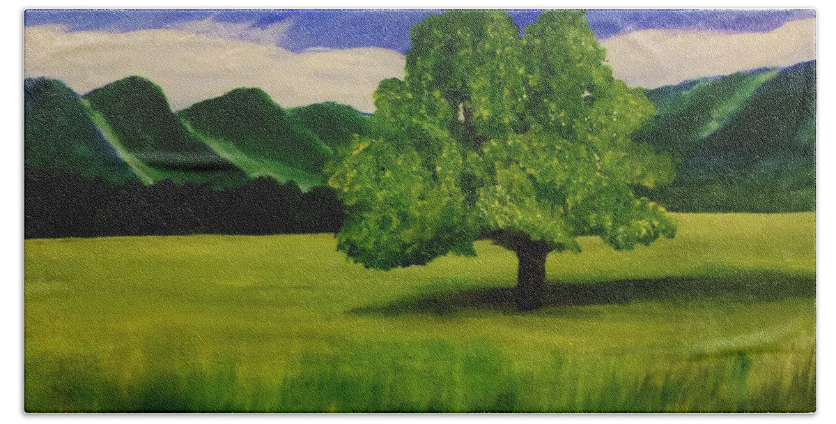 Tree Hand Towel featuring the painting Tree in a Field by Christy Saunders Church