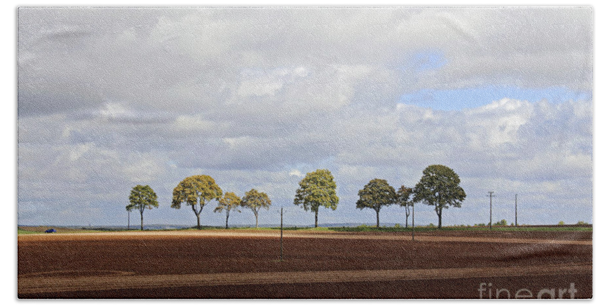 Tree Line France Trees Row French Countryside Landscape Rural Farmland Agriculture Bath Towel featuring the photograph Tree line France by Julia Gavin