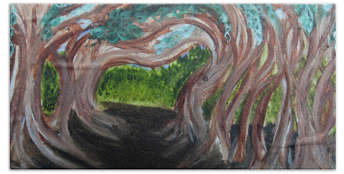 Dirt Path Hand Towel featuring the painting Tree Tunnel by Suzanne Surber