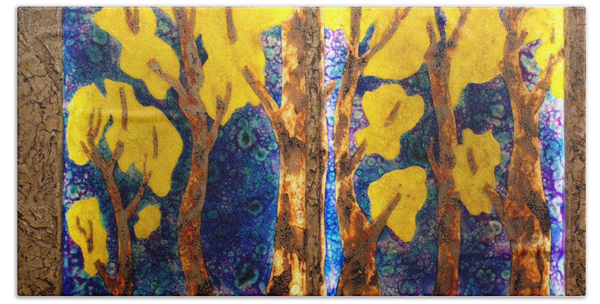 Aspen Trees Hand Towel featuring the mixed media Trees inside a Window by Christopher Schranck