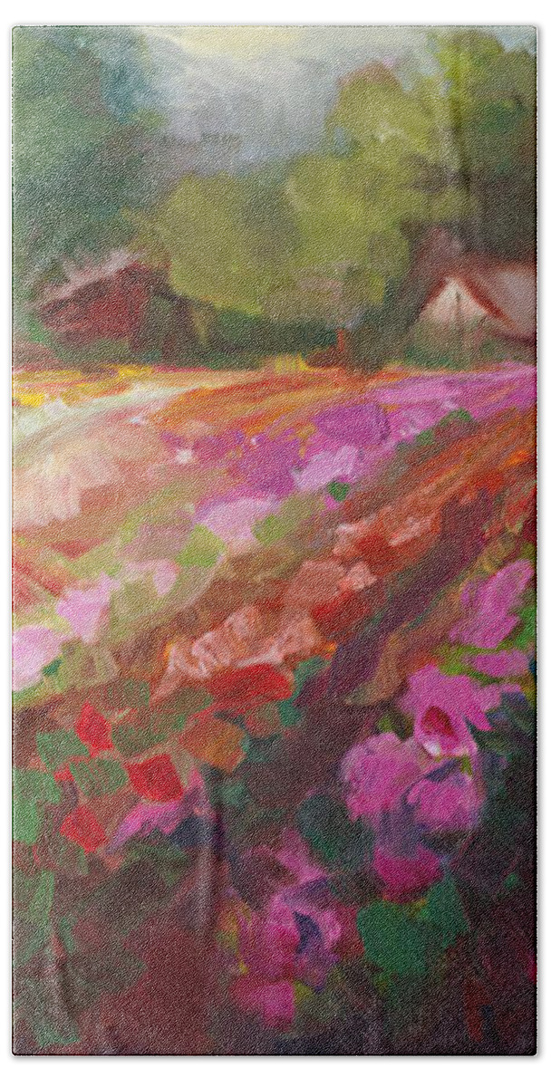 Dahlia Hand Towel featuring the painting Trespassing Dahlia field landscape by Talya Johnson